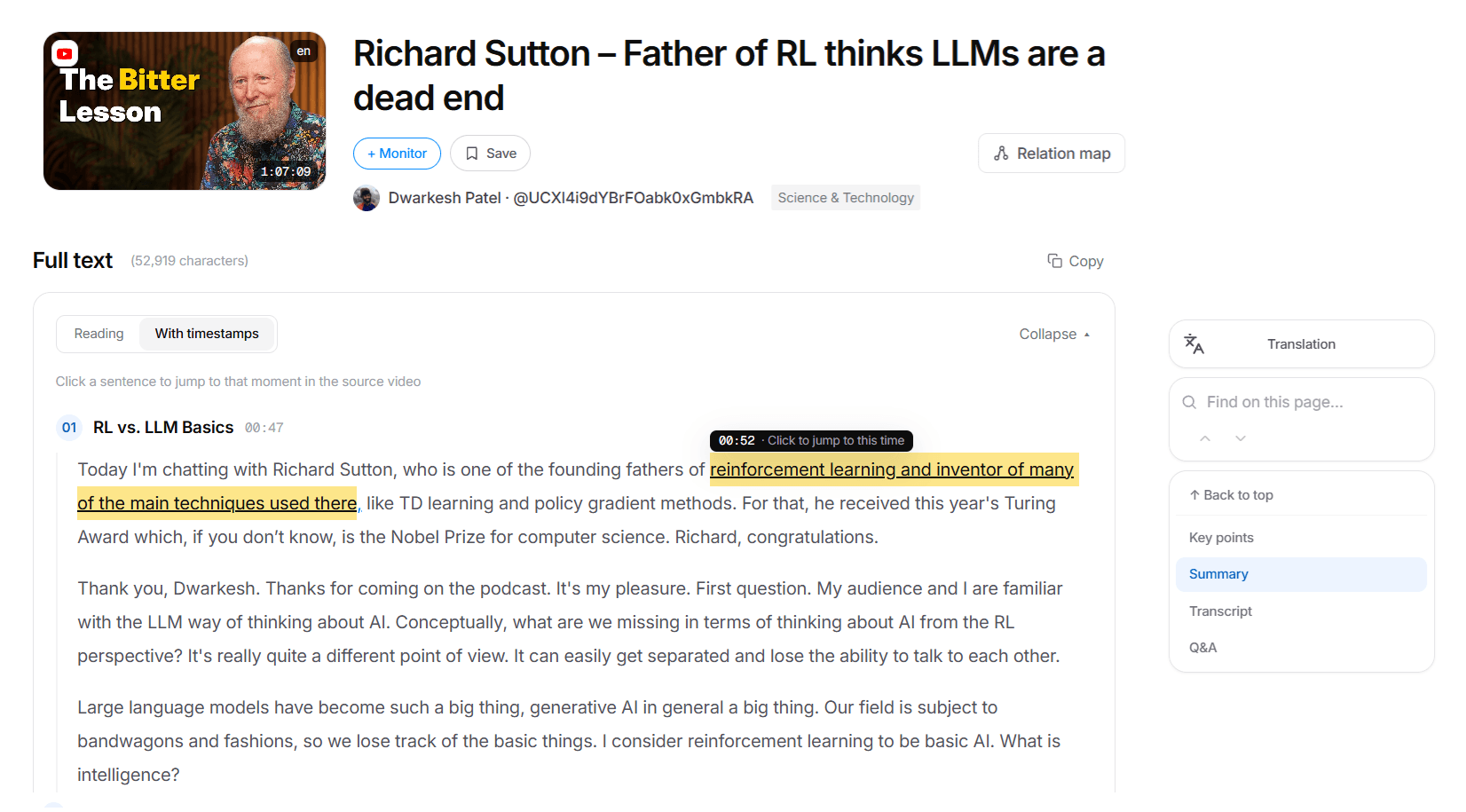 The timestamped transcript of a real video: a searched phrase is highlighted and hovering it shows "00:52 · Click to jump to this time".
